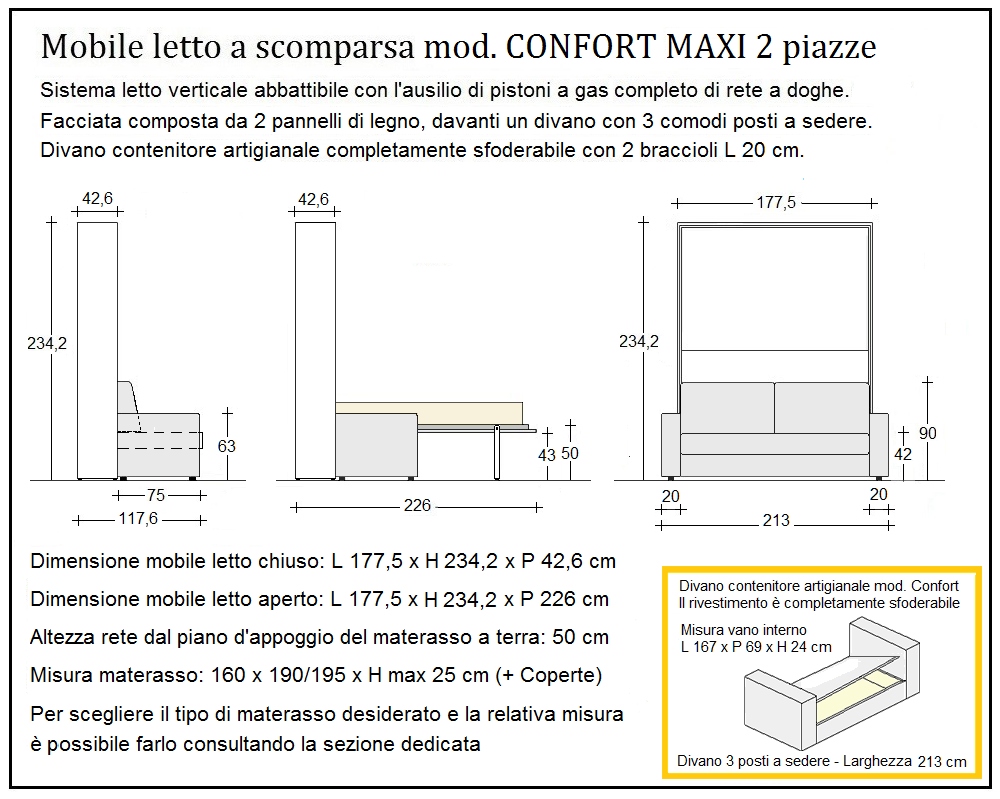 scheda tecnica letto a scomparsa letti due piazze confort