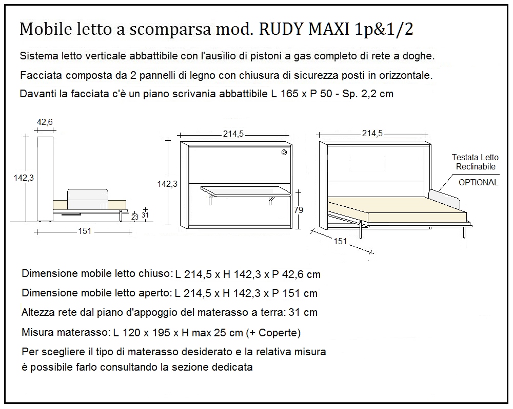 scheda tecnica letto a scomparsa letti una piazza e mezza rudy