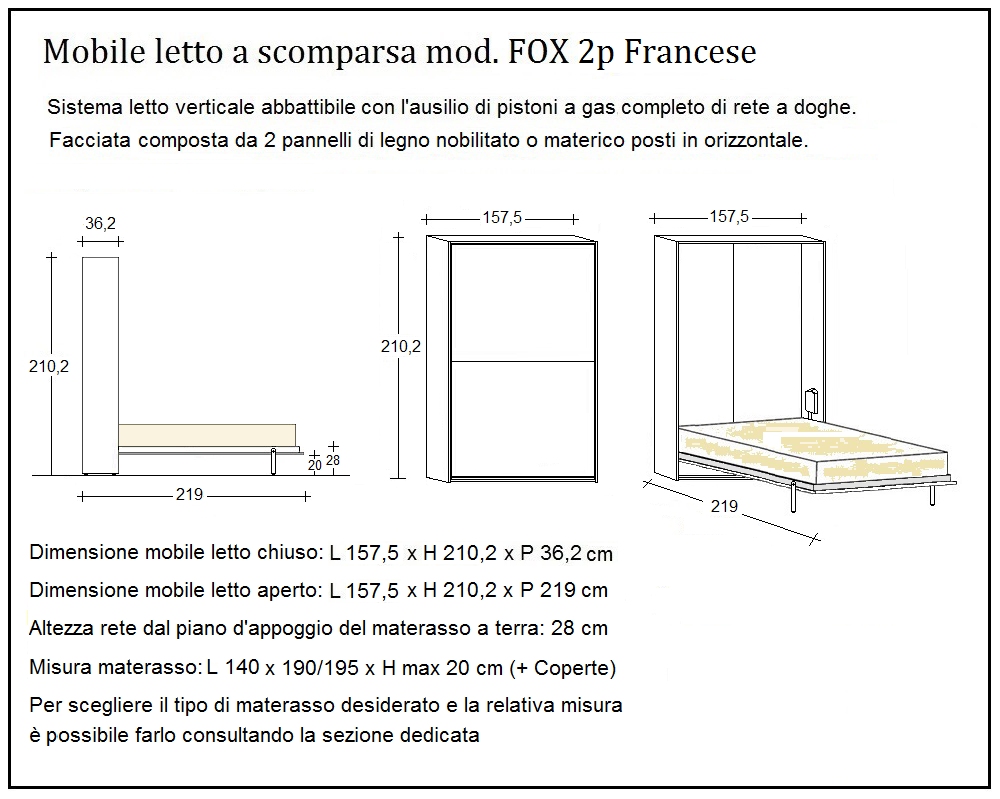 scheda tecnica letto a scomparsa letti due piazze francese fox