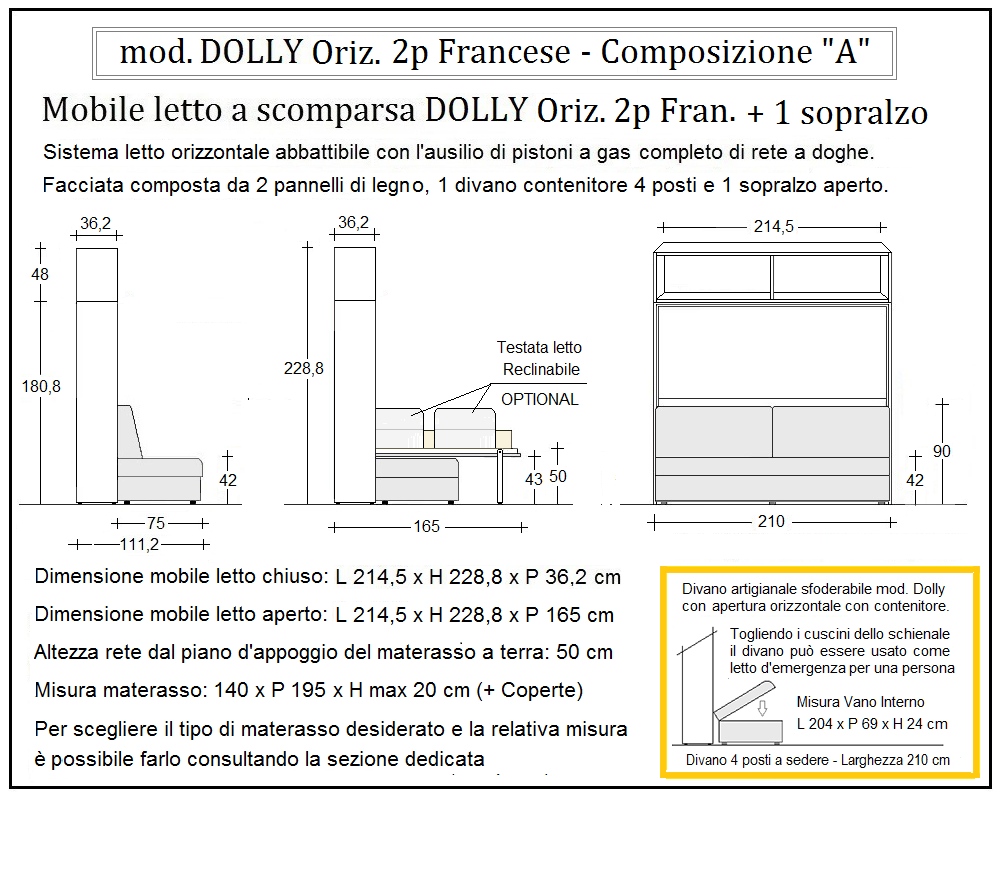 scheda tecnica letto a scomparsa letti due piazze francese dolly orizzontale composizione a