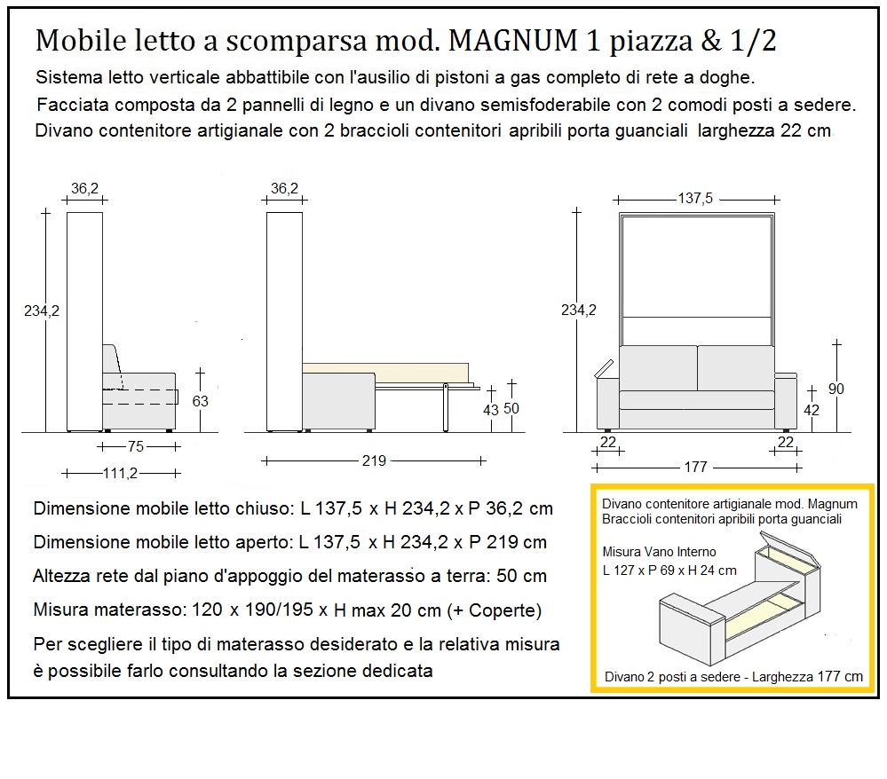 scheda tecnica letto a scomparsa letti una piazza e mezza magnum 